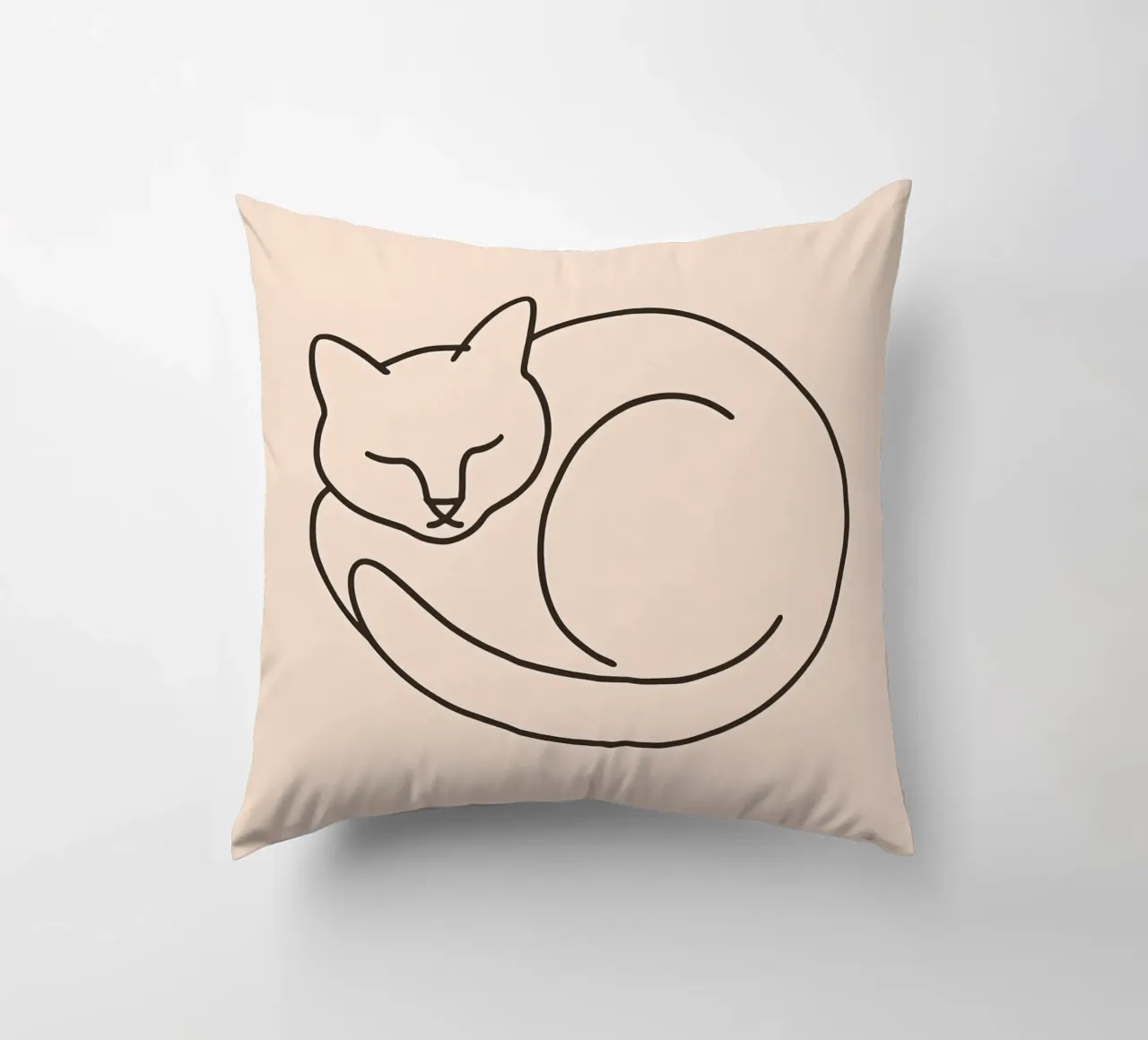 Line drawing of a curled-up cat resting on a soft background decorative cushion by DesignDoodle