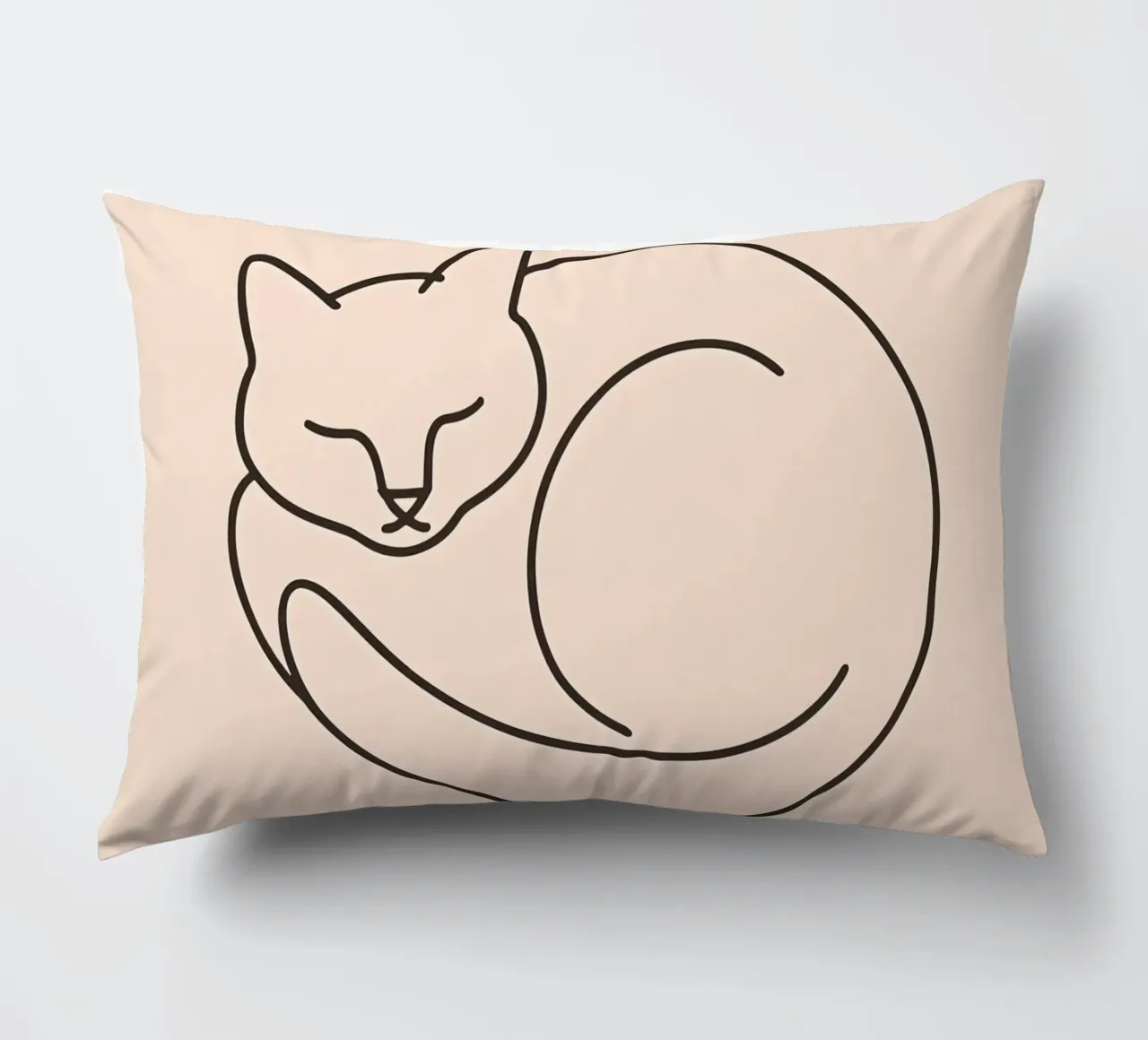 Line drawing of a curled-up cat resting on a soft background decorative cushion by DesignDoodle