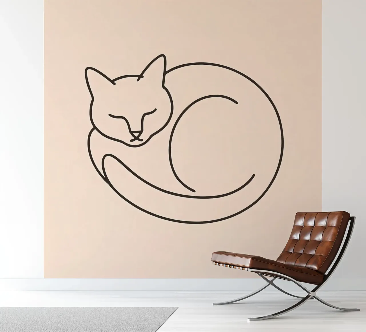 Line drawing of a curled-up cat resting on a soft background photo wallpaper by DesignDoodle