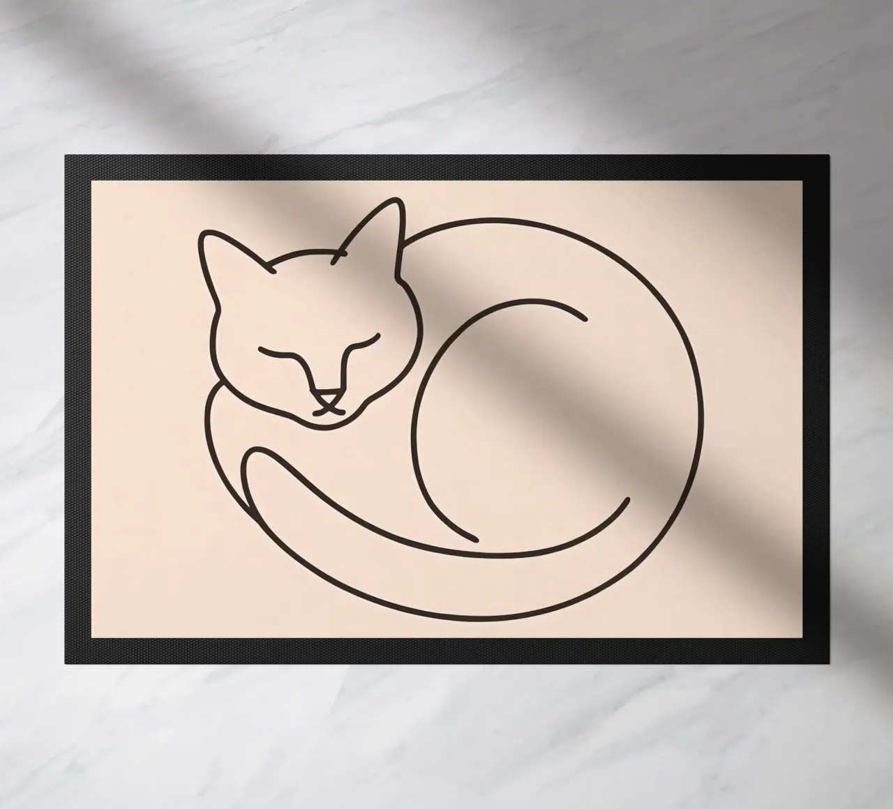 Line drawing of a curled-up cat resting on a soft background doormat by DesignDoodle