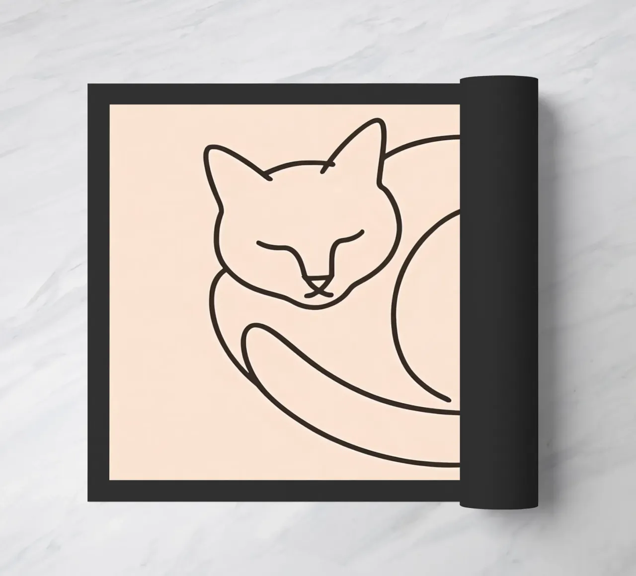 Line drawing of a curled-up cat resting on a soft background doormat by DesignDoodle