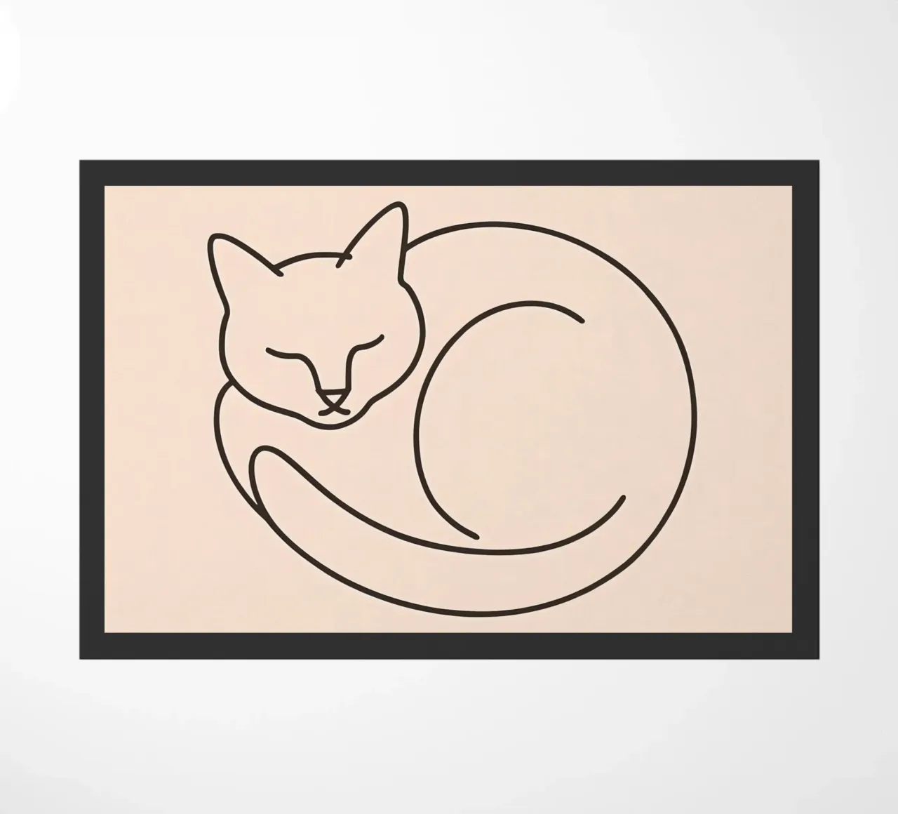Line drawing of a curled-up cat resting on a soft background doormat by DesignDoodle