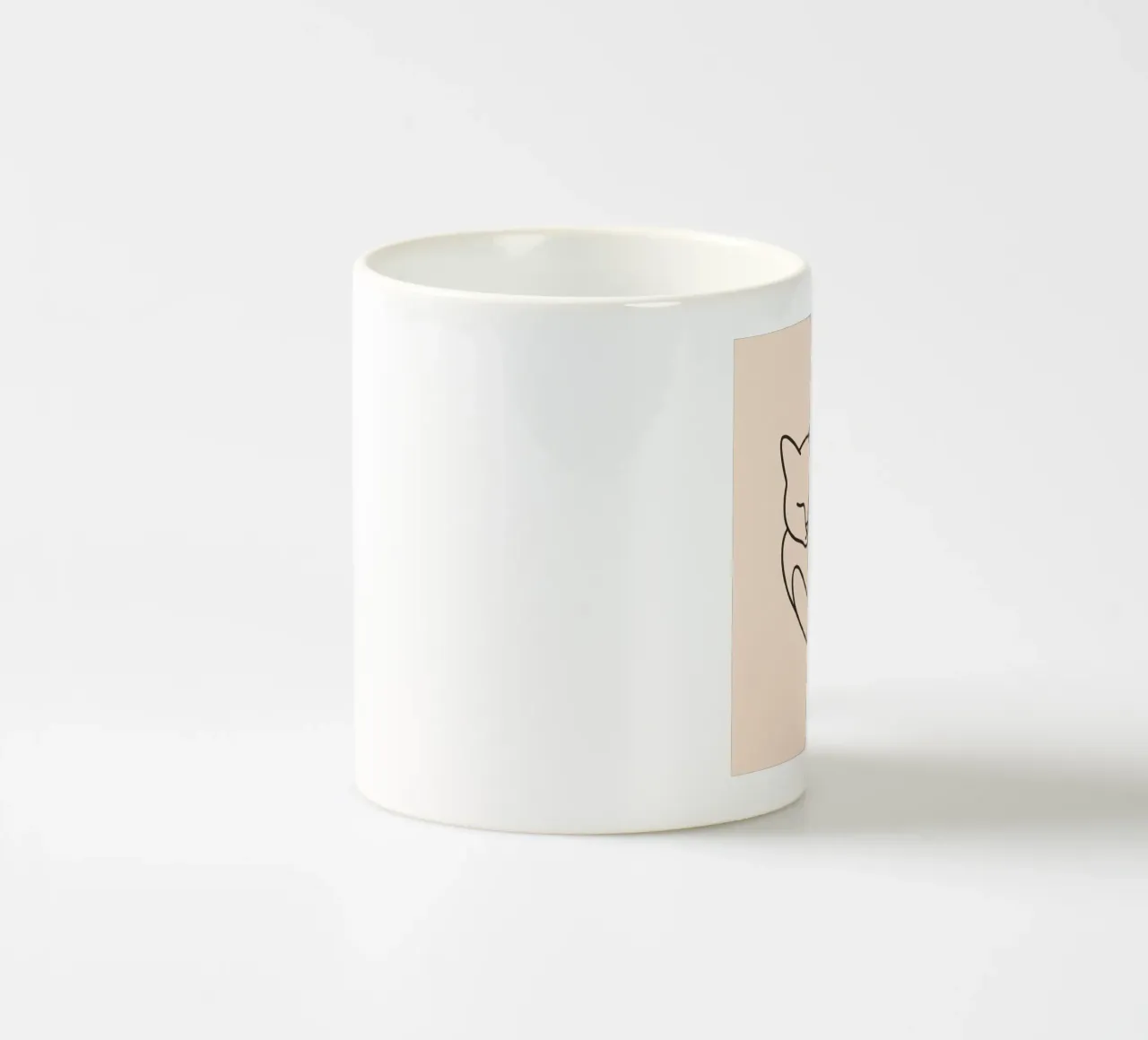 Line drawing of a curled-up cat resting on a soft background ceramic mug by DesignDoodle