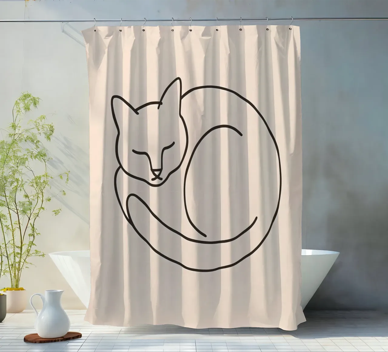 Line drawing of a curled-up cat resting on a soft background shower curtain by DesignDoodle
