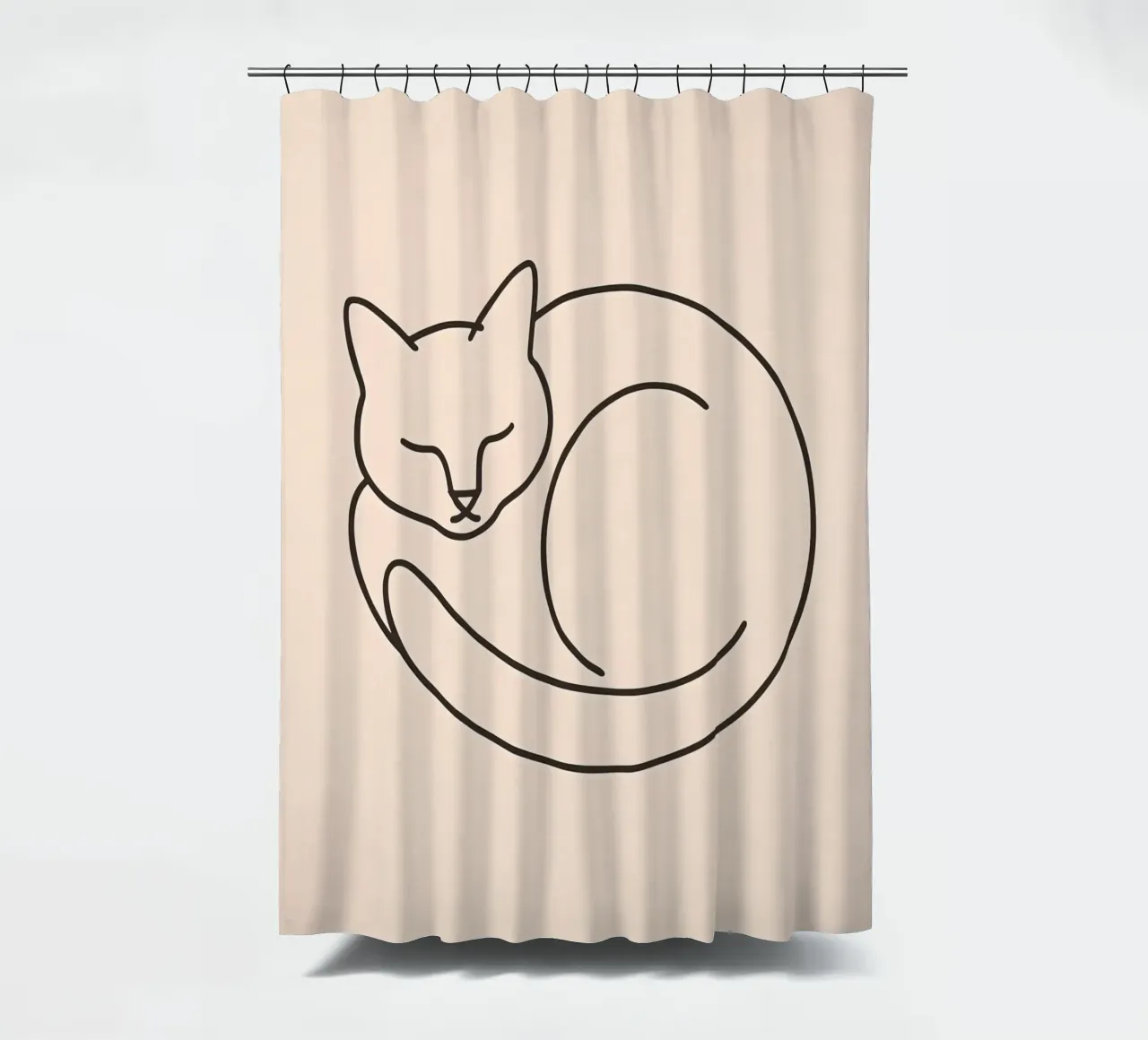 Line drawing of a curled-up cat resting on a soft background shower curtain by DesignDoodle