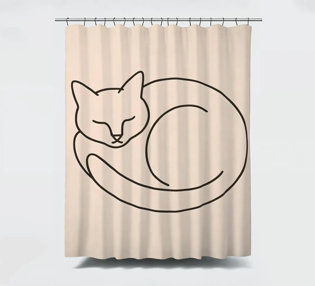 Line drawing of a curled-up cat resting on a soft background shower curtain by DesignDoodle