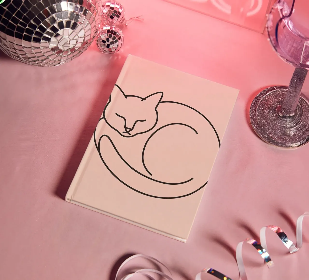 Line drawing of a curled-up cat resting on a soft background notebook by DesignDoodle