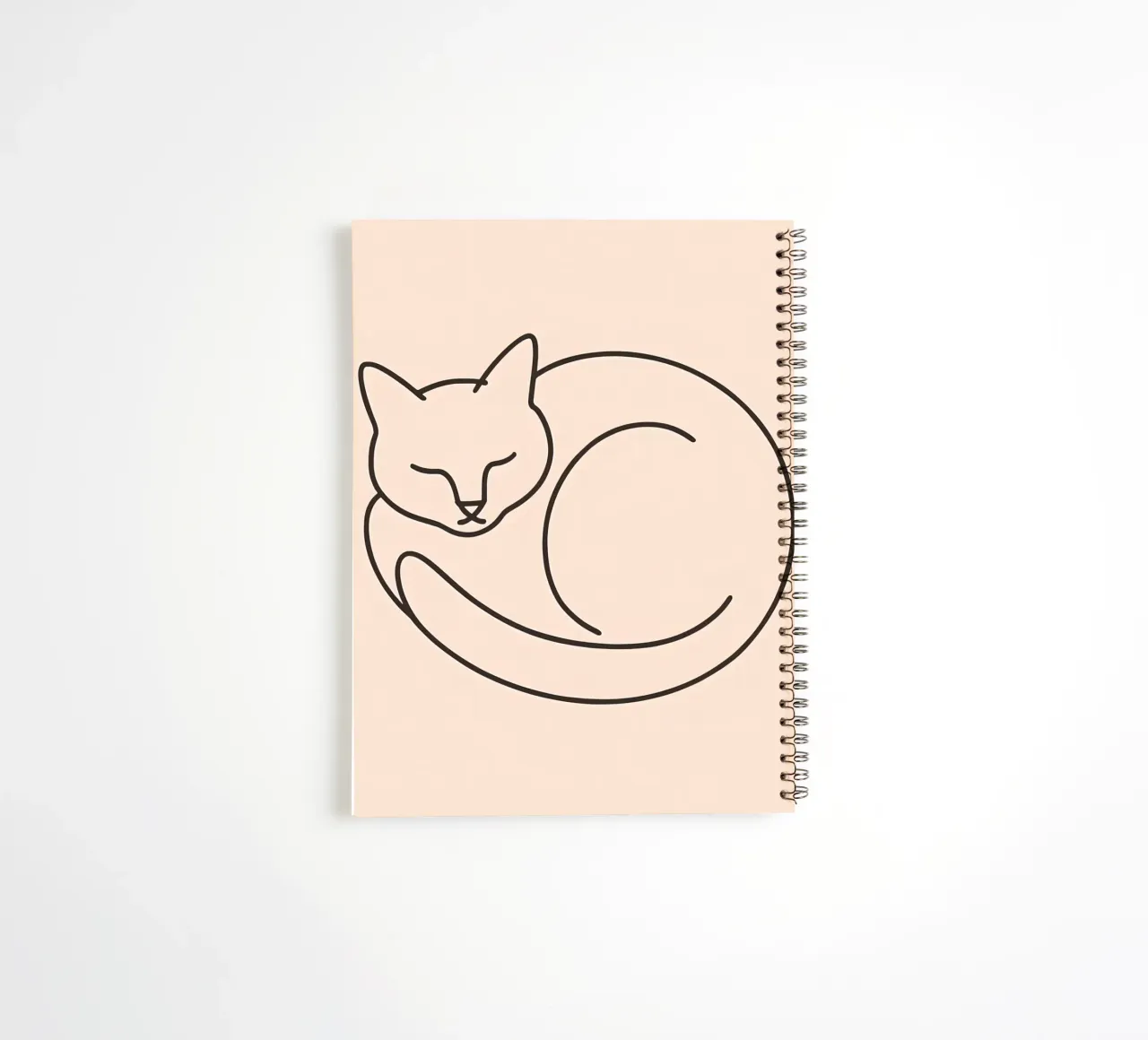 Line drawing of a curled-up cat resting on a soft background spiral notebook by DesignDoodle