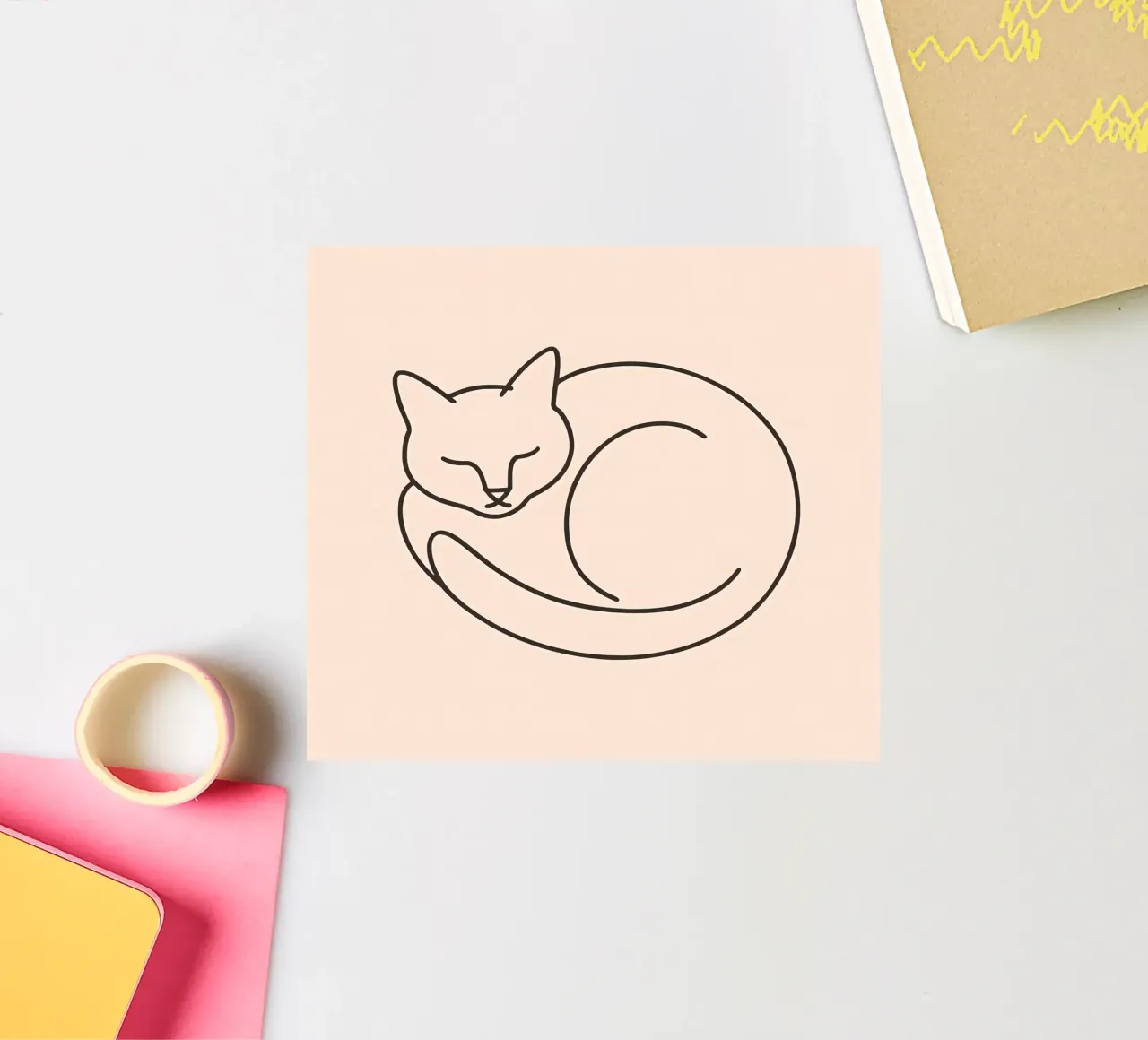 Line drawing of a curled-up cat resting on a soft background sticker by DesignDoodle