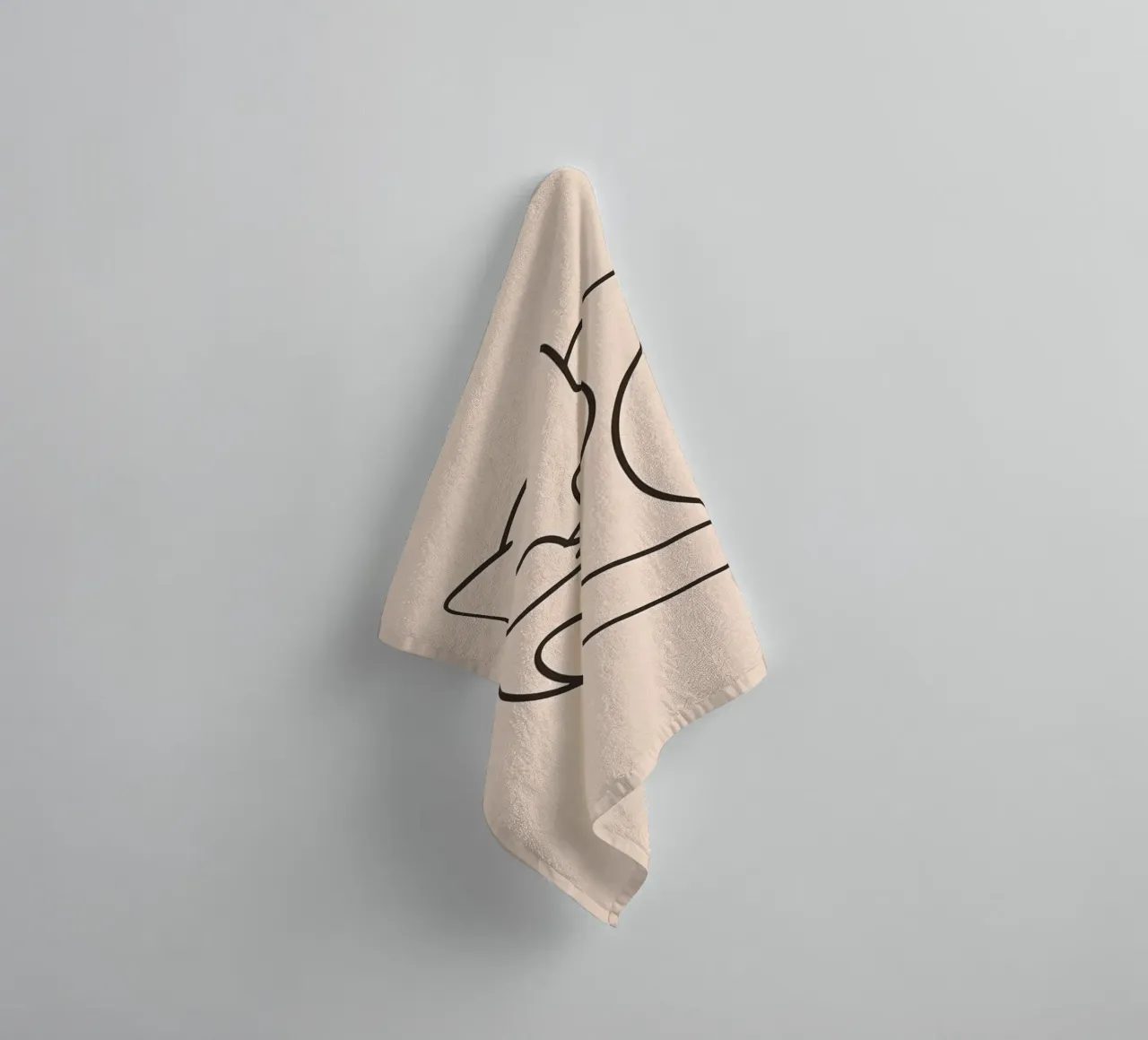 Line drawing of a curled-up cat resting on a soft background towel by DesignDoodle