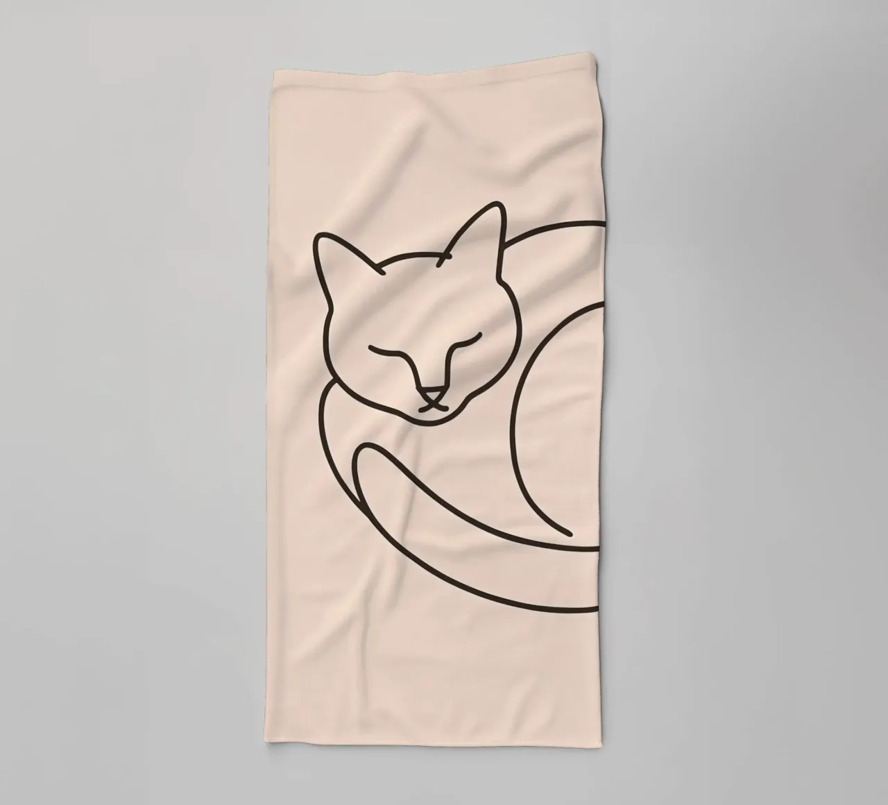 Line drawing of a curled-up cat resting on a soft background towel by DesignDoodle