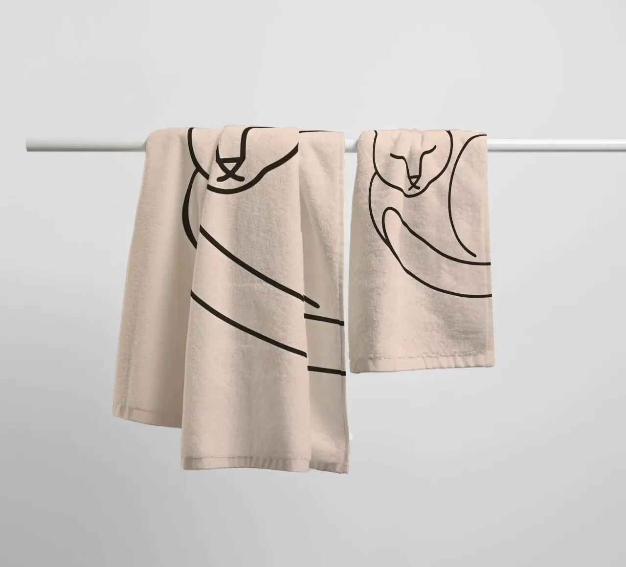Line drawing of a curled-up cat resting on a soft background towel by DesignDoodle