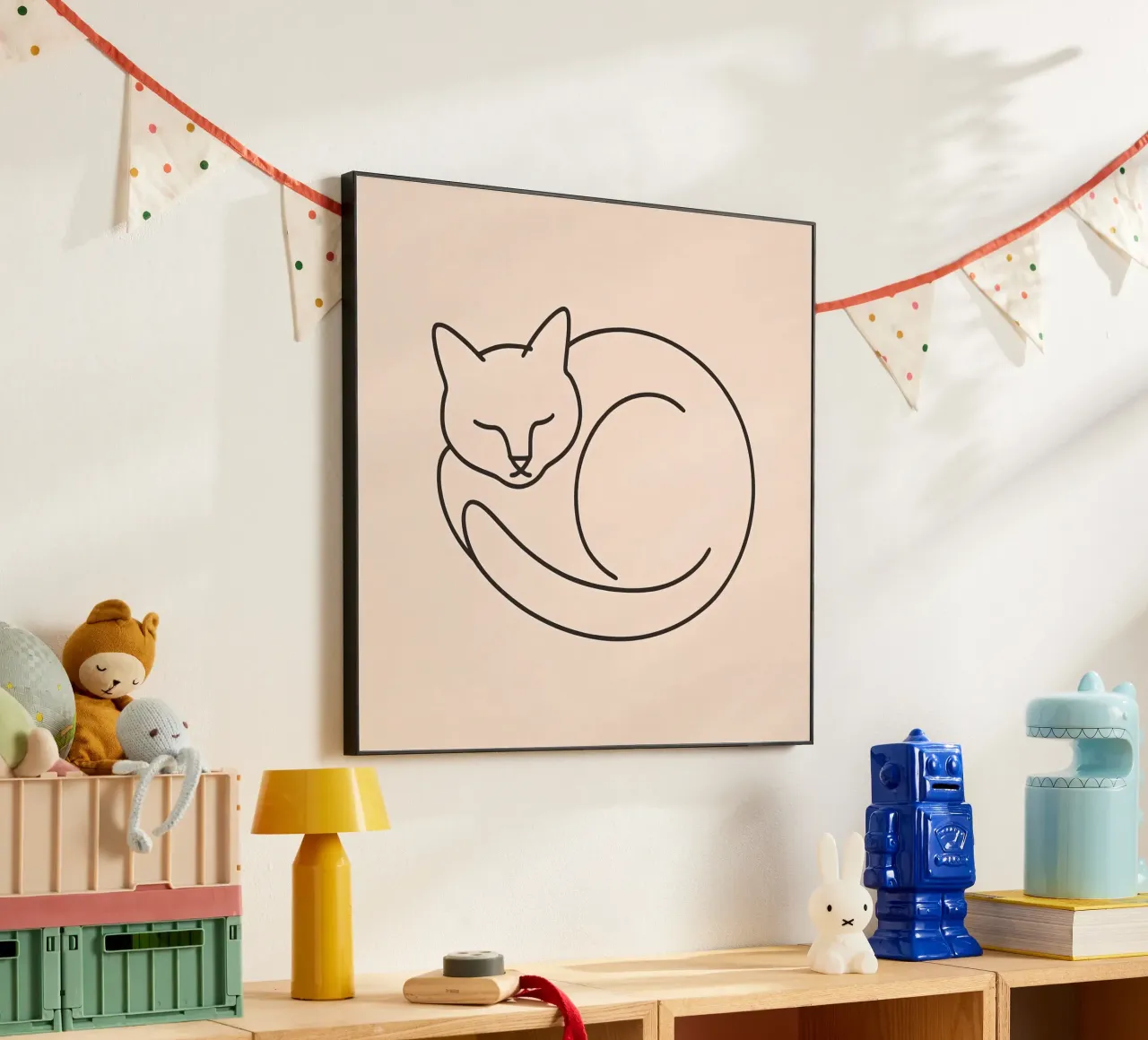 Line drawing of a curled-up cat resting on a soft background alu-dibond by DesignDoodle
