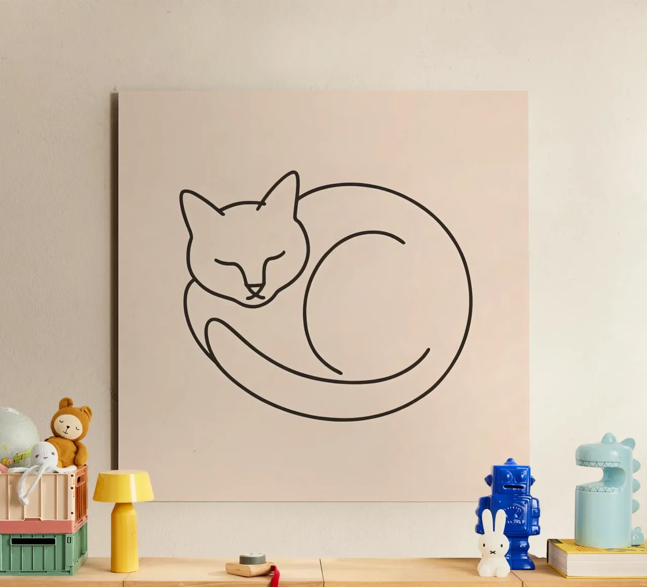 Line drawing of a curled-up cat resting on a soft background alu-dibond by DesignDoodle