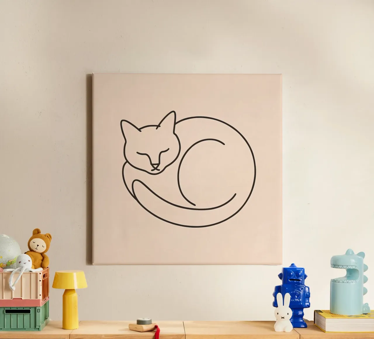 Line drawing of a curled-up cat resting on a soft background canvas by DesignDoodle