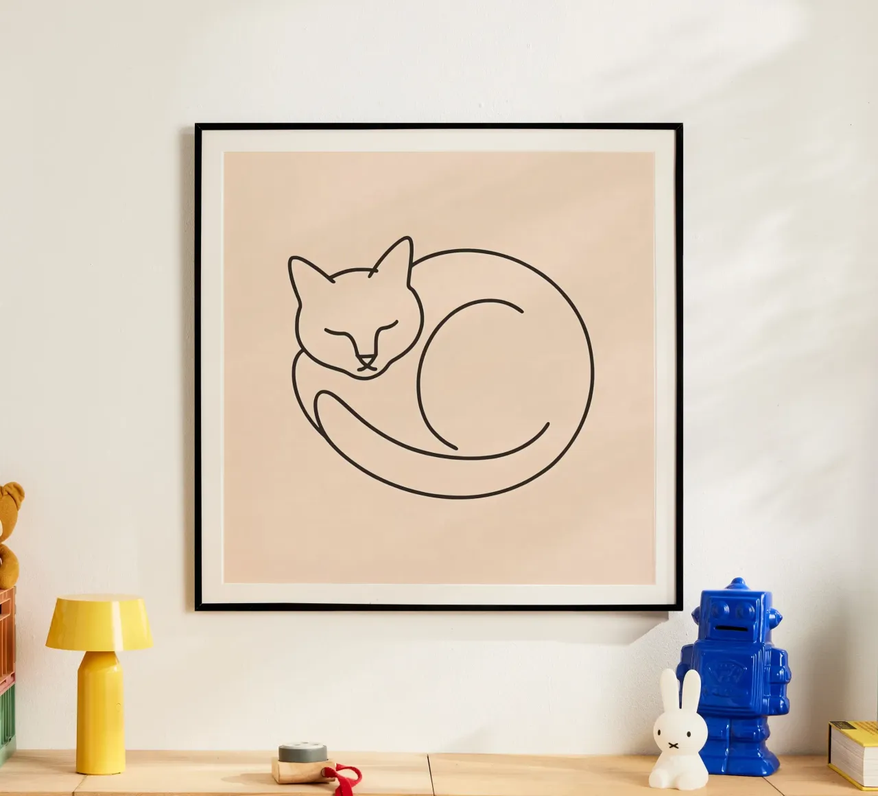 Line drawing of a curled-up cat resting on a soft background poster by DesignDoodle