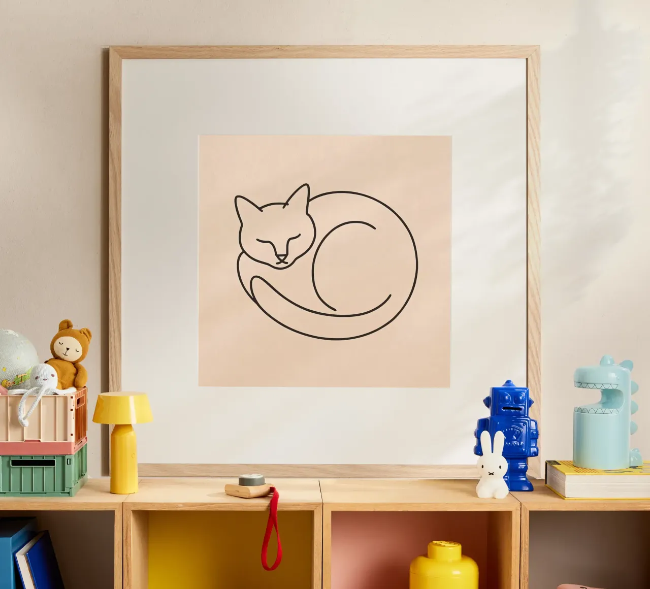 Line drawing of a curled-up cat resting on a soft background hahnemühle by DesignDoodle