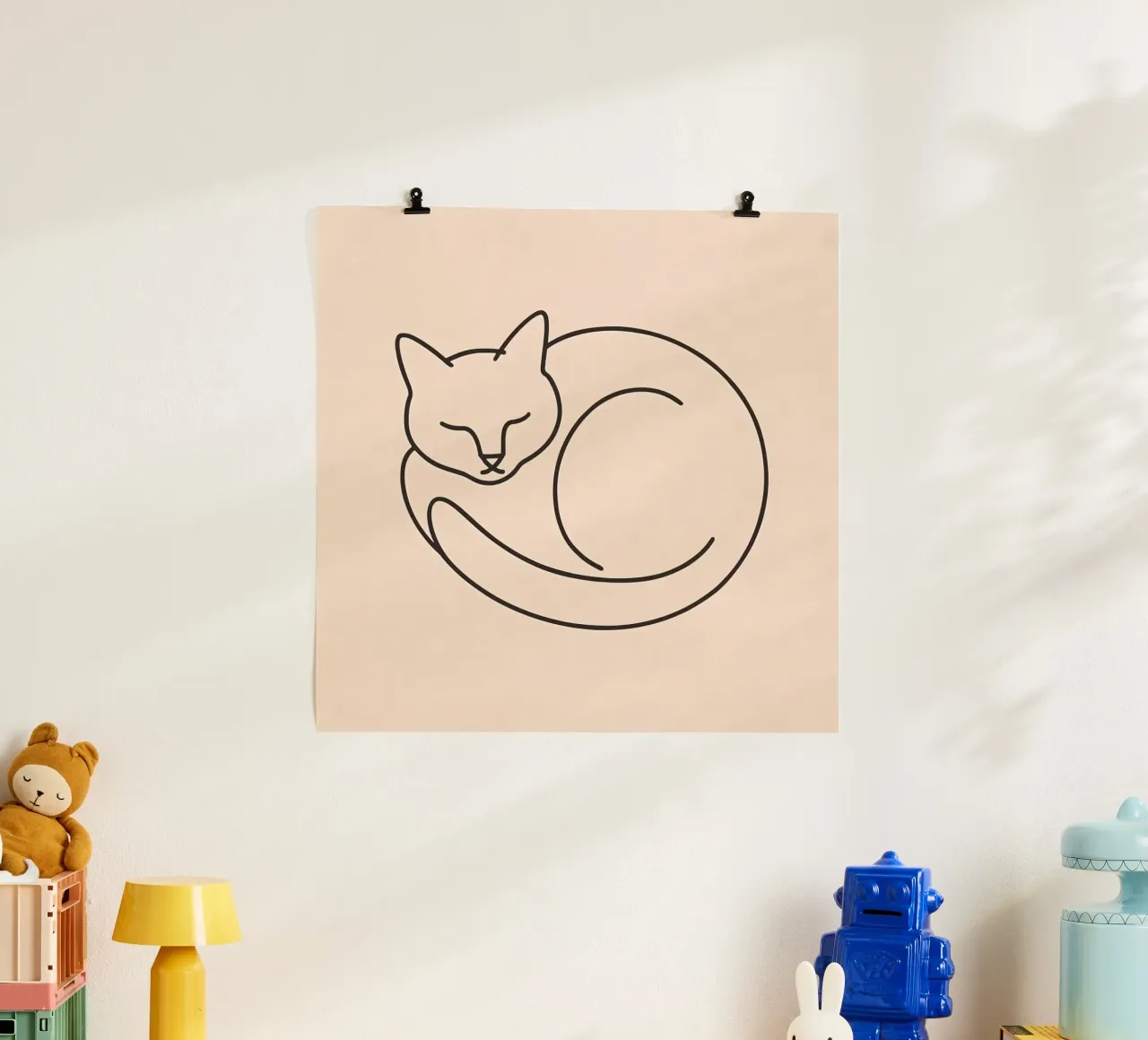 Line drawing of a curled-up cat resting on a soft background poster by DesignDoodle