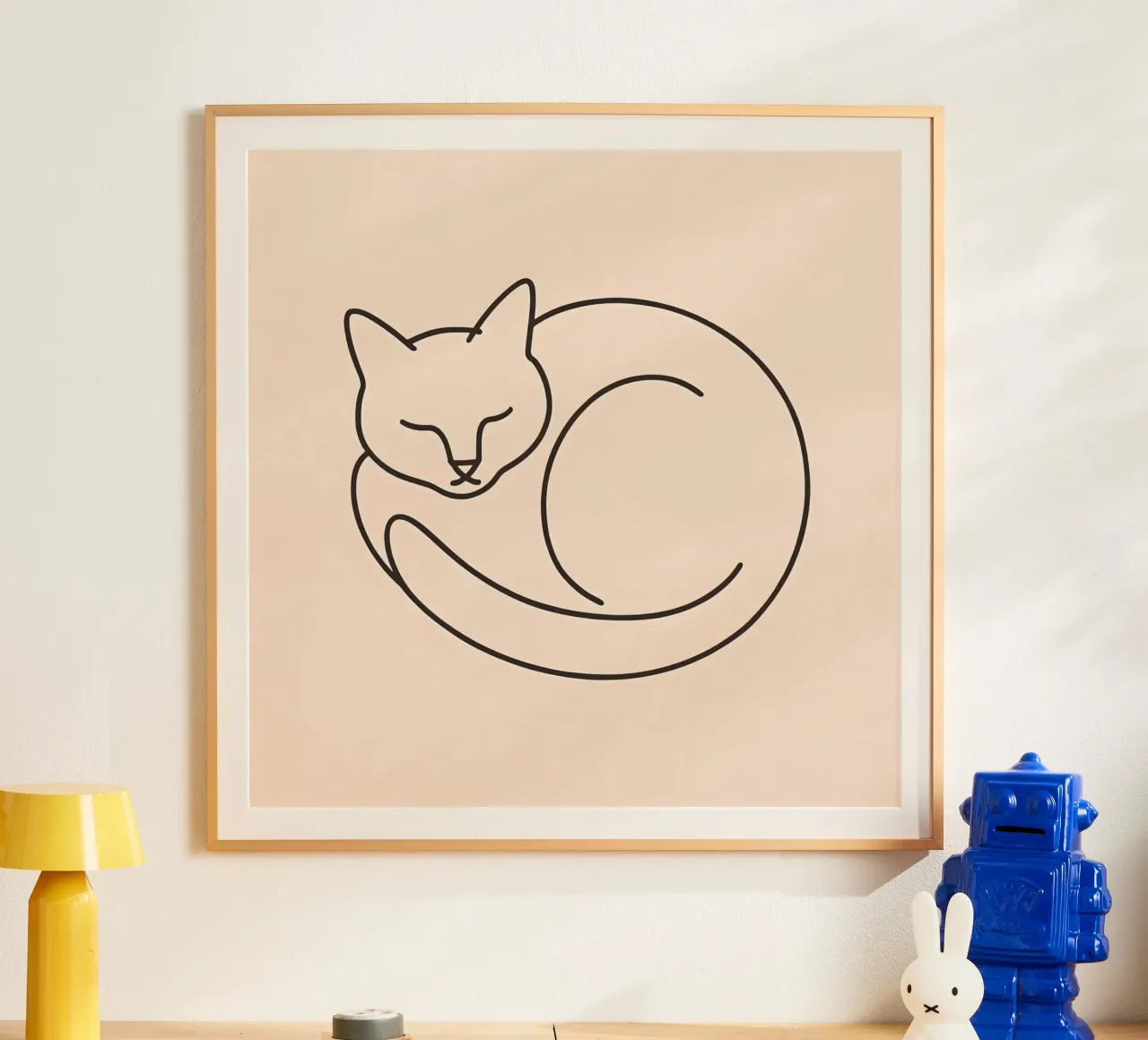 Line drawing of a curled-up cat resting on a soft background poster by DesignDoodle