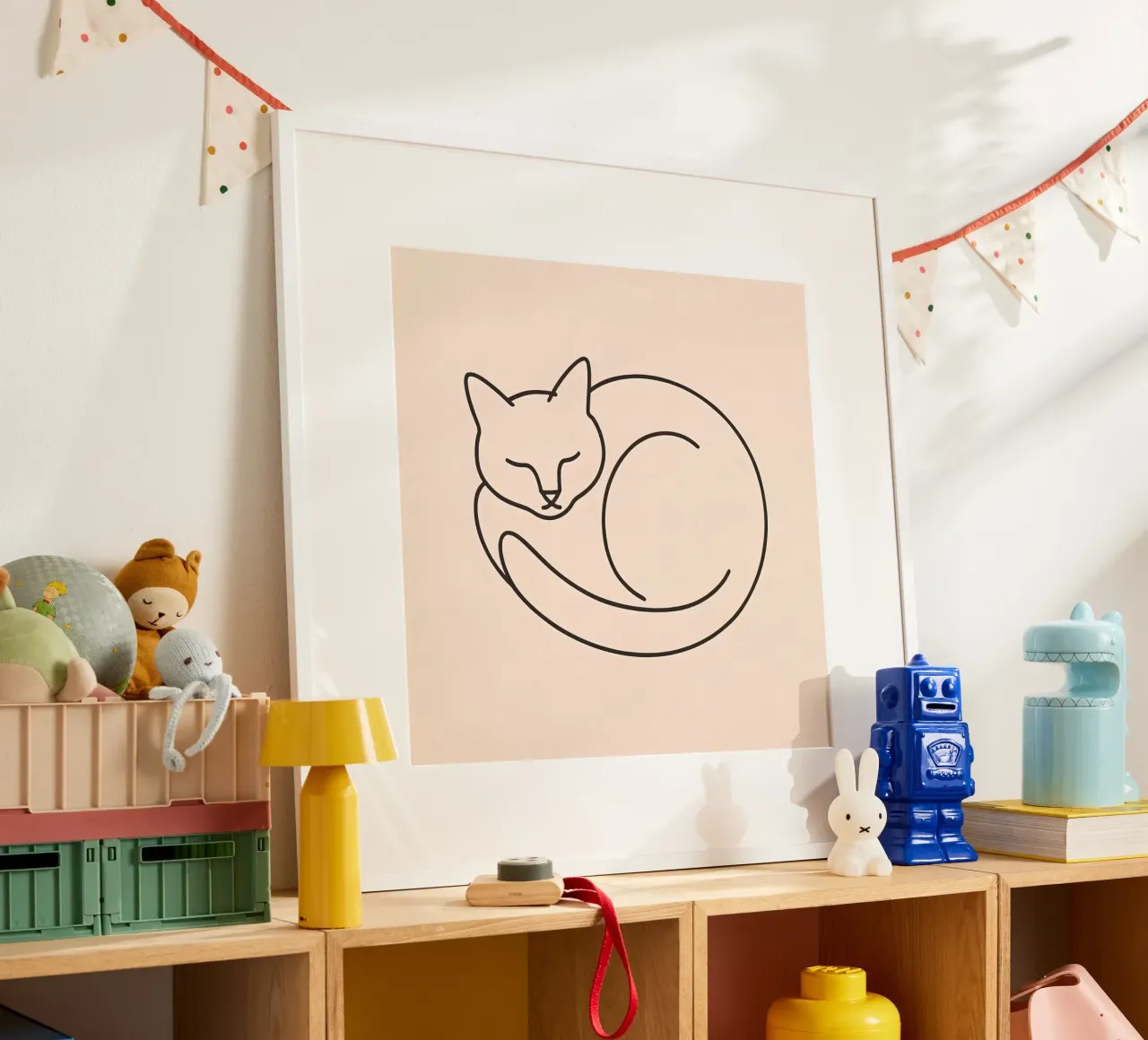 Line drawing of a curled-up cat resting on a soft background poster by DesignDoodle