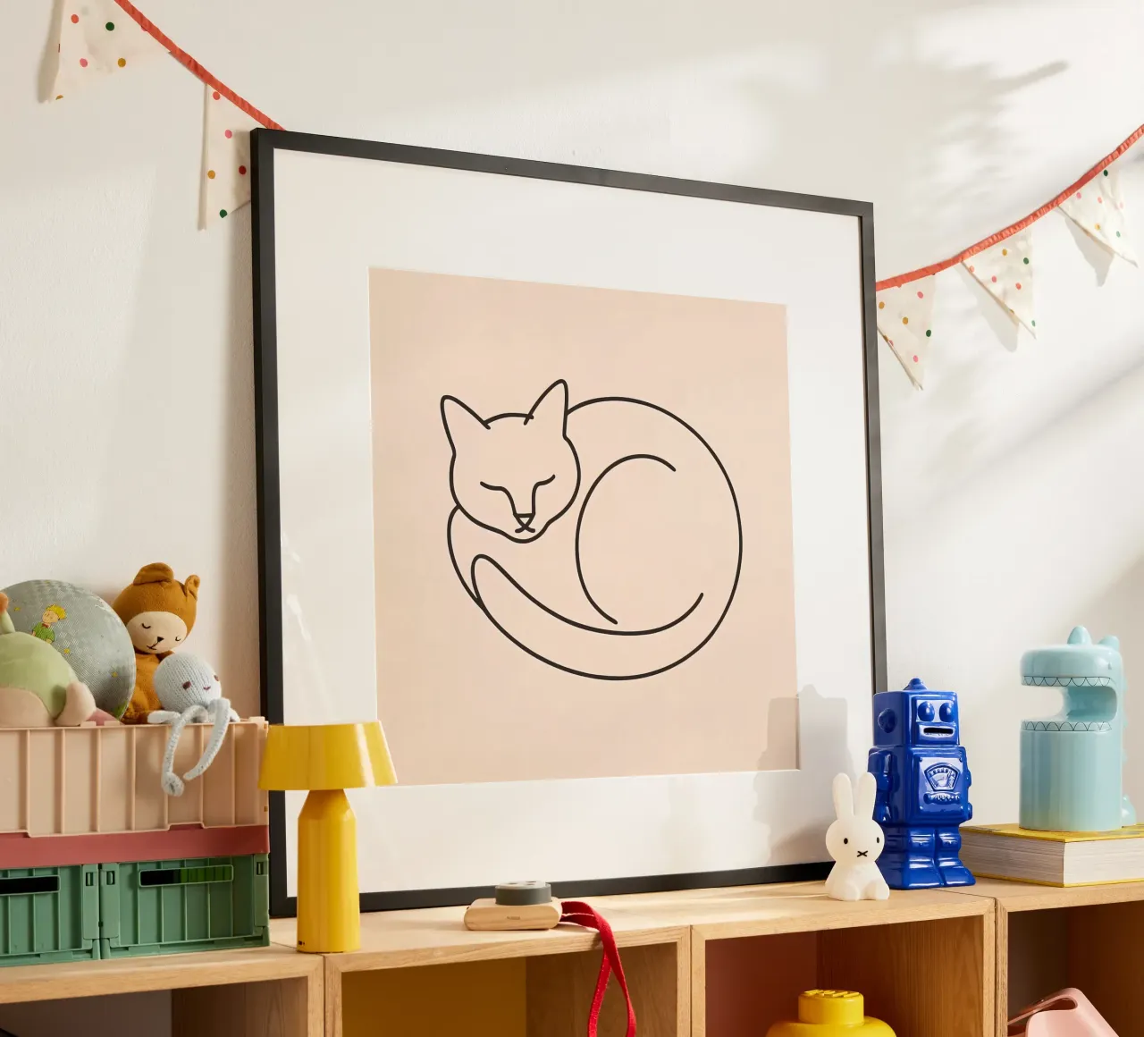 Line drawing of a curled-up cat resting on a soft background hahnemühle by DesignDoodle
