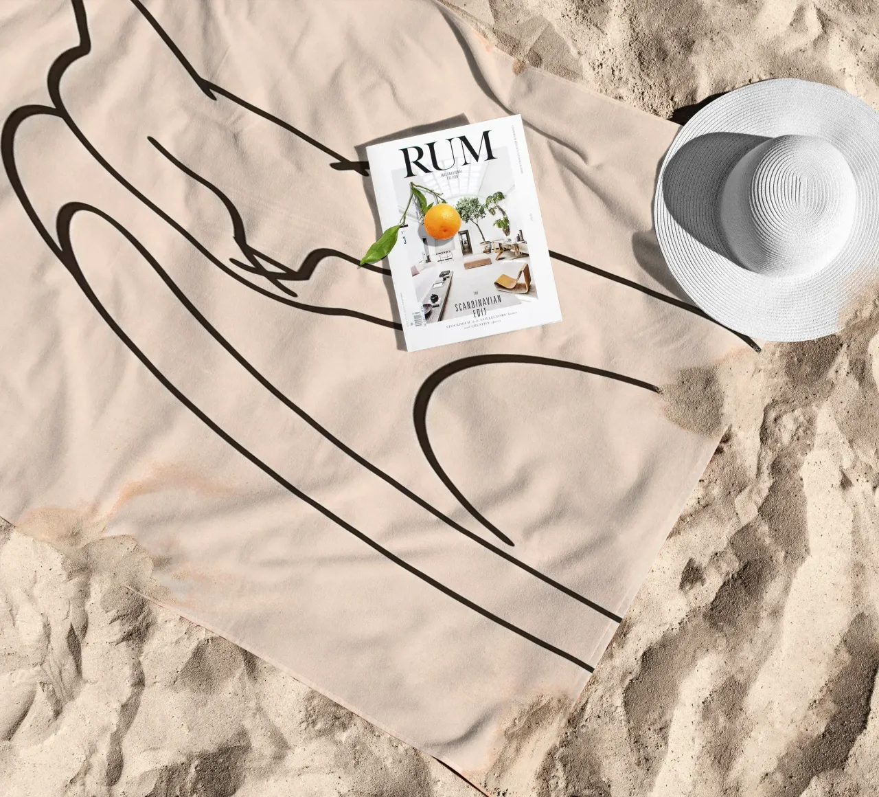 Line drawing of a curled-up cat resting on a soft background beach towel by DesignDoodle