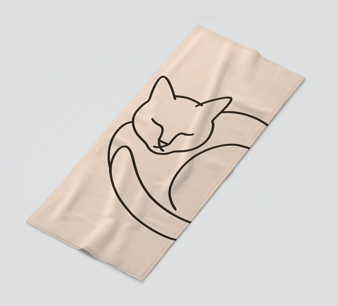 Line drawing of a curled-up cat resting on a soft background beach towel by DesignDoodle