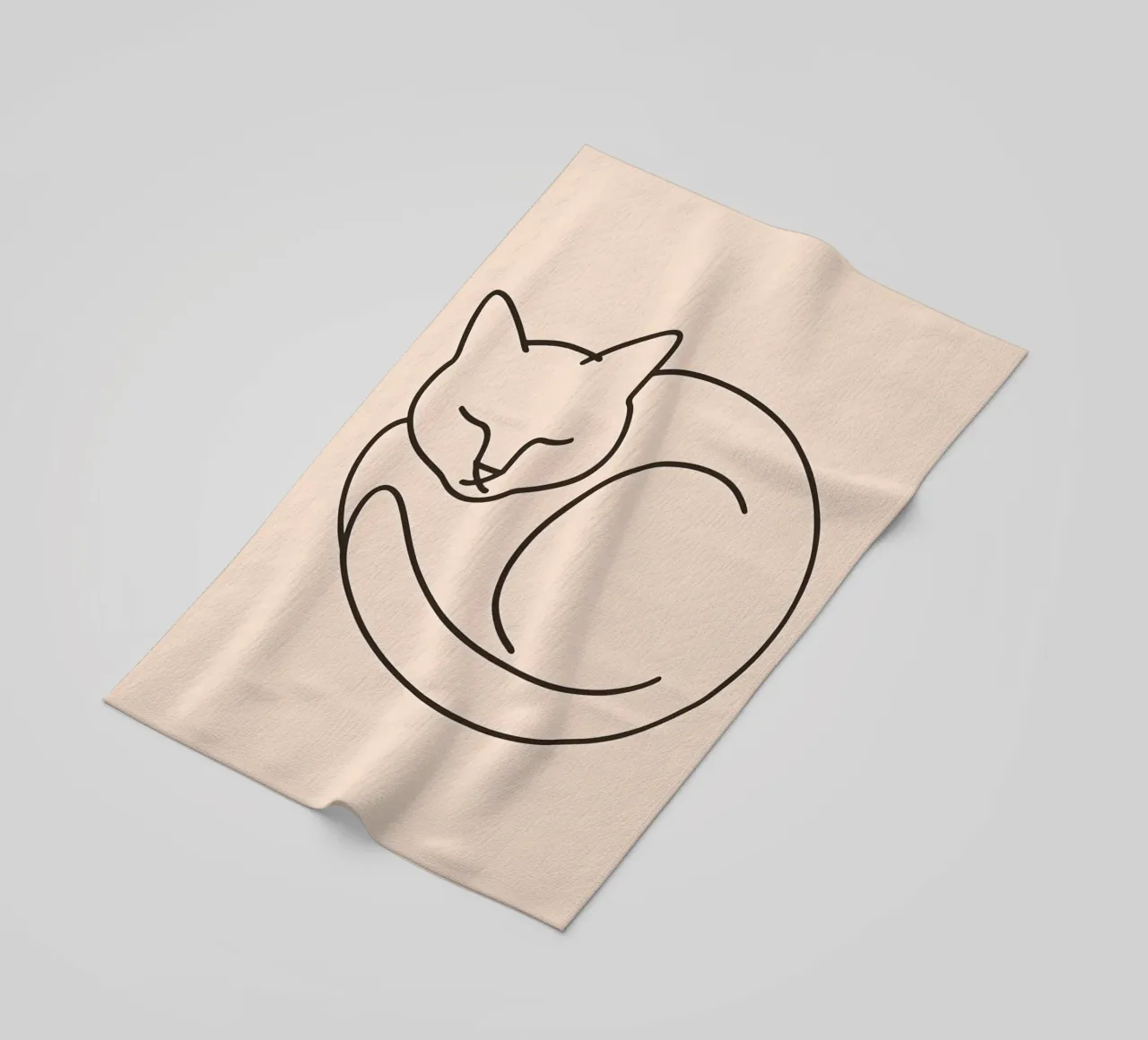 Line drawing of a curled-up cat resting on a soft background beach towel by DesignDoodle