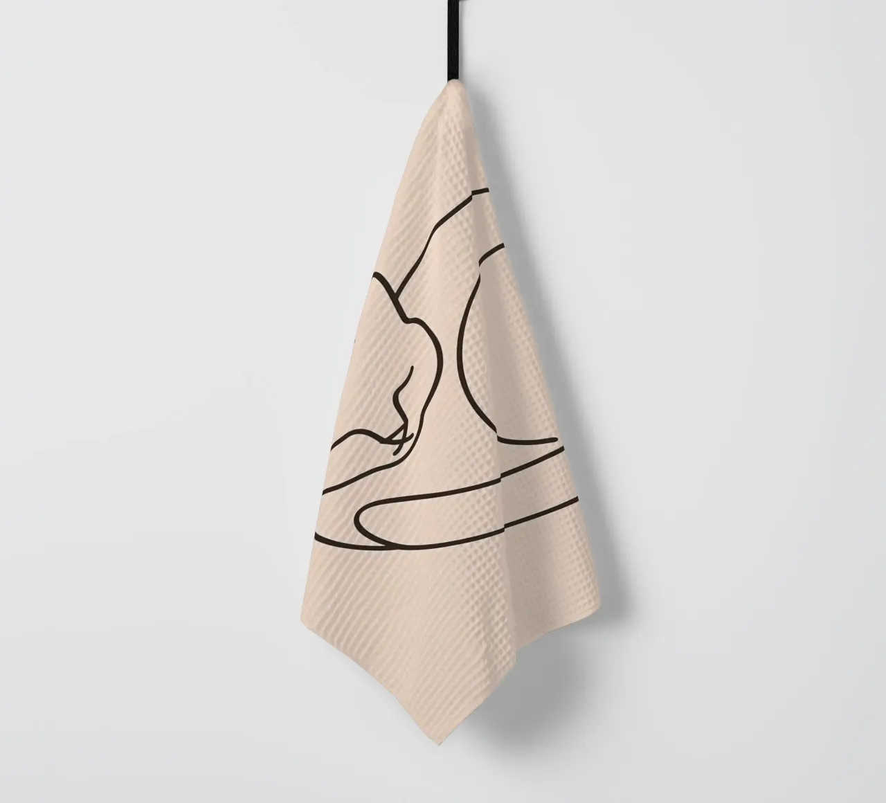 Line drawing of a curled-up cat resting on a soft background tea towel by DesignDoodle