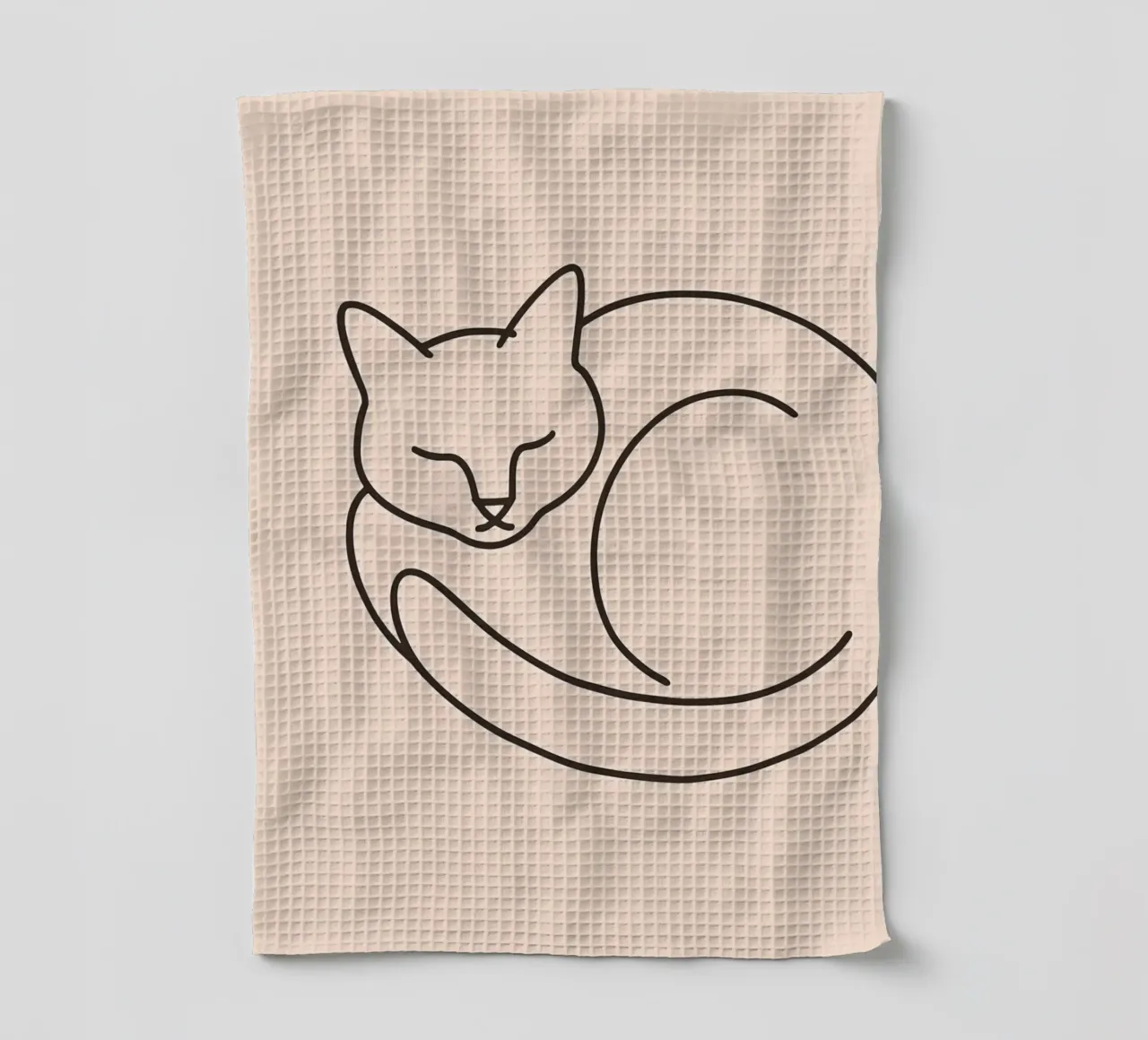 Line drawing of a curled-up cat resting on a soft background tea towel by DesignDoodle