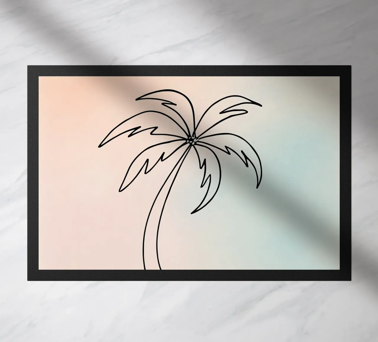 Minimalist palm tree outline against soft pastel background doormat by DesignDoodle