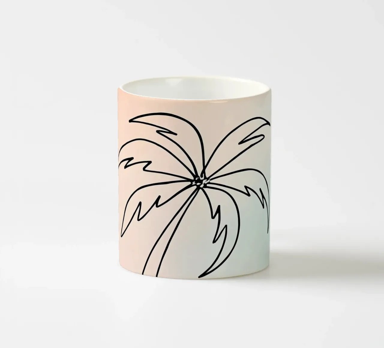 Minimalist palm tree outline against soft pastel background ceramic mug by DesignDoodle