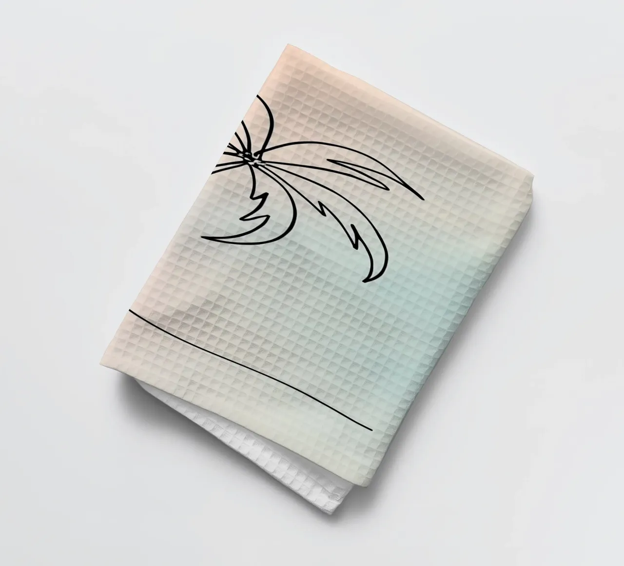 Minimalist palm tree outline against soft pastel background tea towel by DesignDoodle