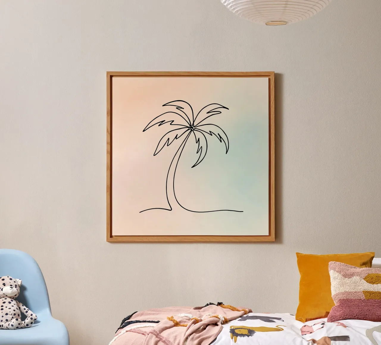 Minimalist palm tree outline against soft pastel background alu-dibond by DesignDoodle