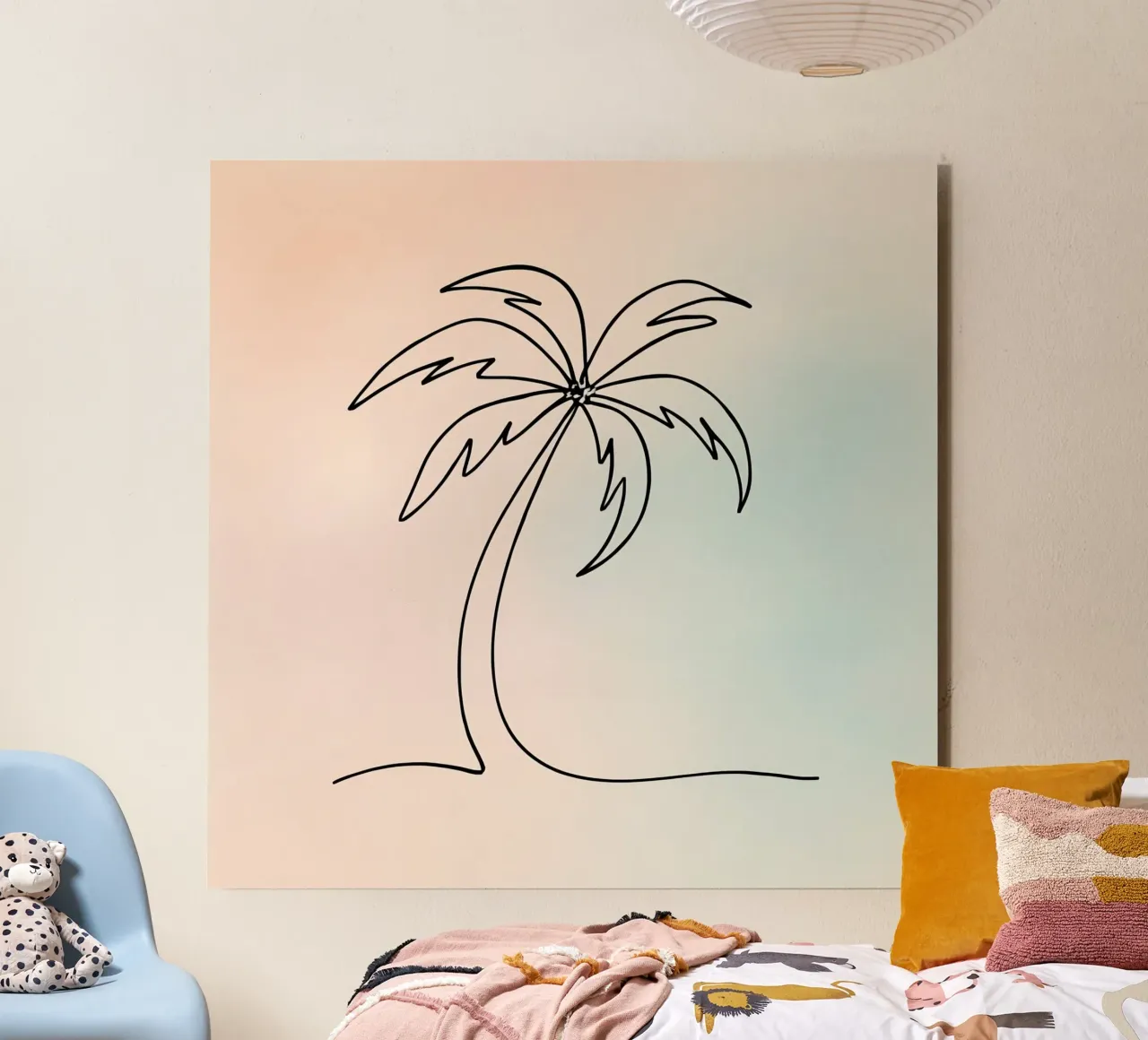 Minimalist palm tree outline against soft pastel background alu-dibond by DesignDoodle