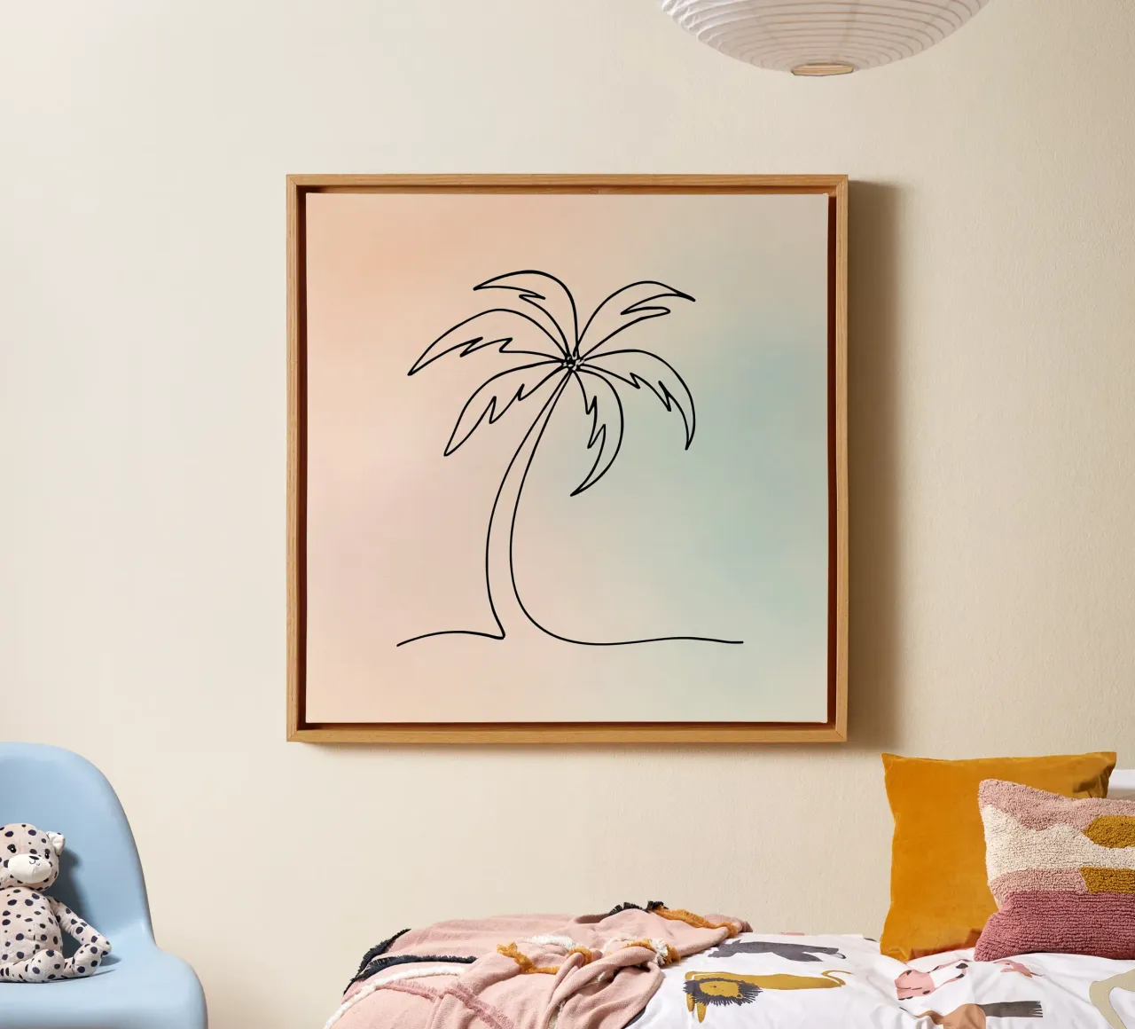 Minimalist palm tree outline against soft pastel background canvas by DesignDoodle