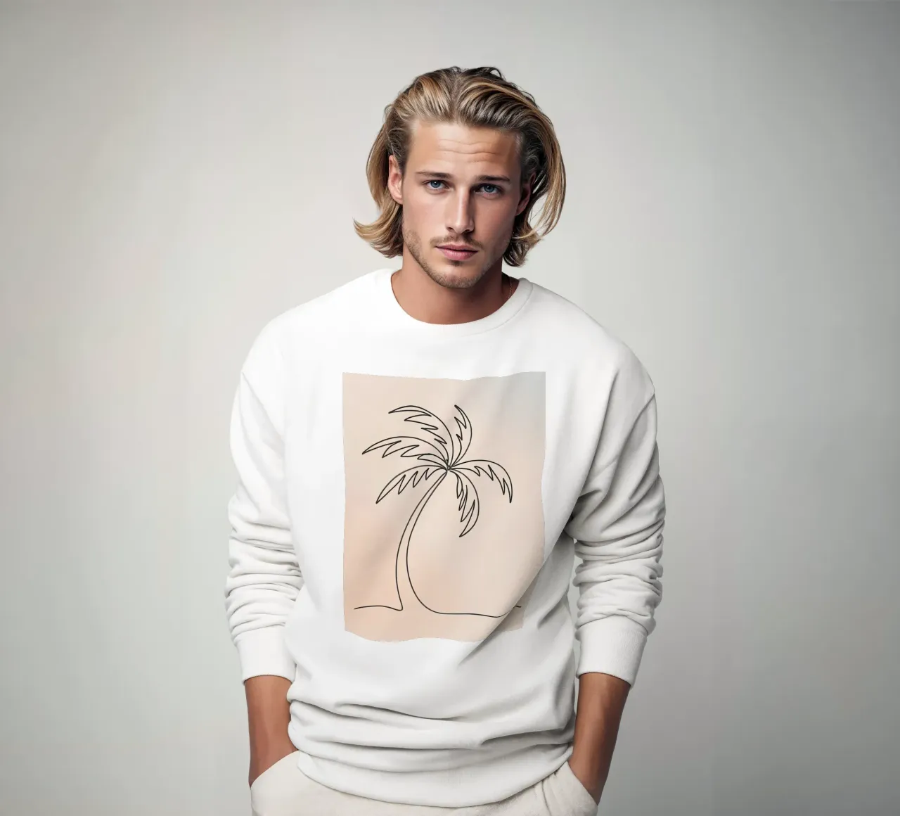 Lineare Zeichnung einer Palme vor einem Pastellhintergrund Sweatshirt von DesignDoodle