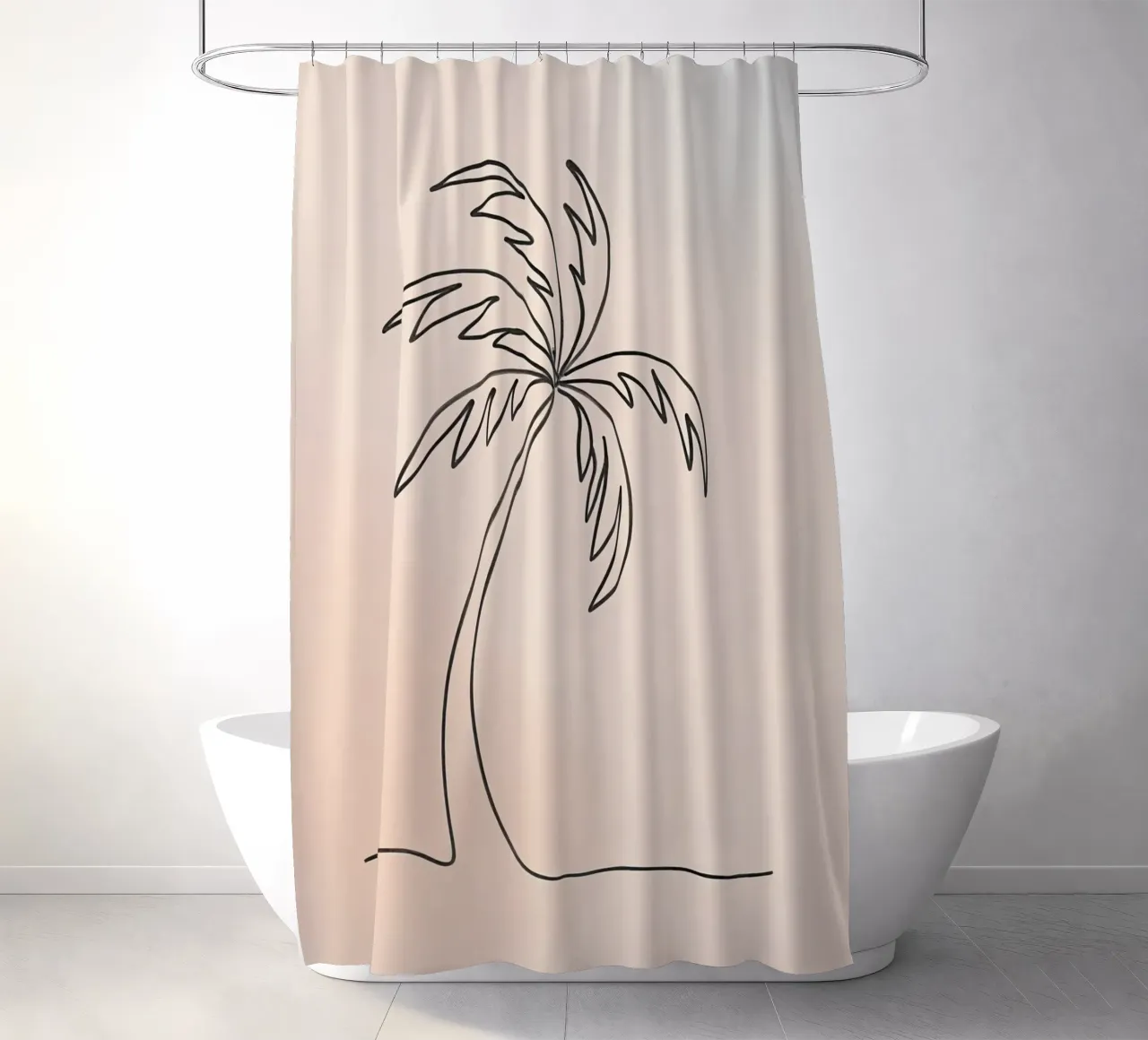 Linear drawing of a palm tree against a pastel backdrop shower curtain by DesignDoodle