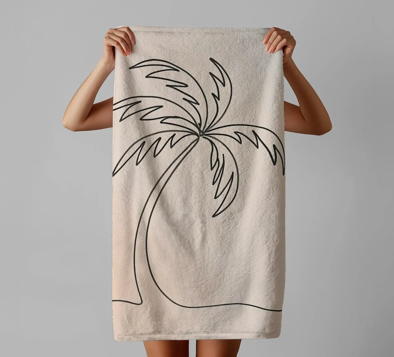 Linear drawing of a palm tree against a pastel backdrop towel by DesignDoodle