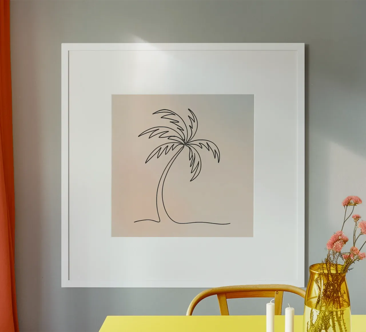 Linear drawing of a palm tree against a pastel backdrop hahnemühle by DesignDoodle