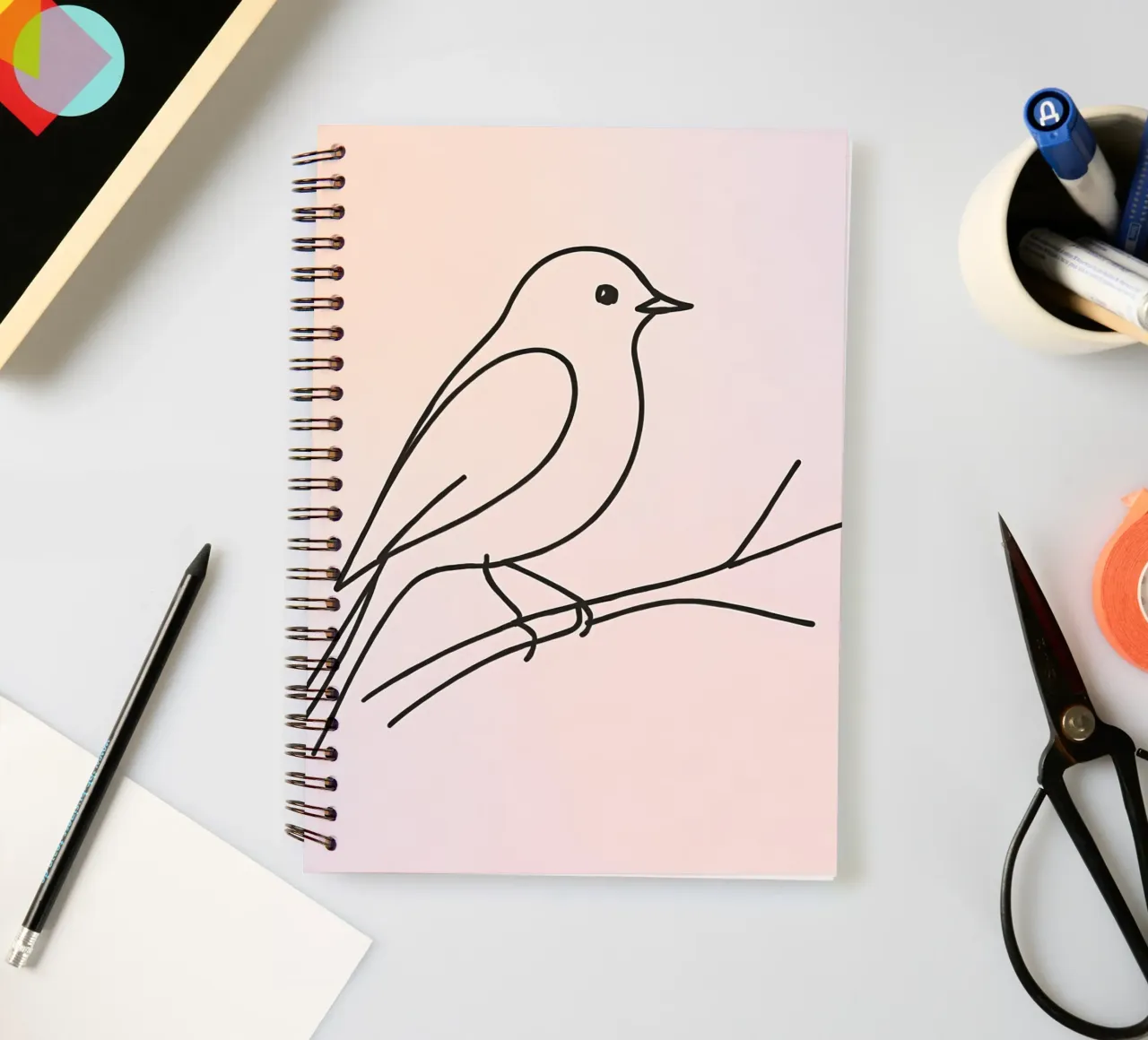 Detailed line drawing of a bird perched on a branch pastel spiral notebook by DesignDoodle