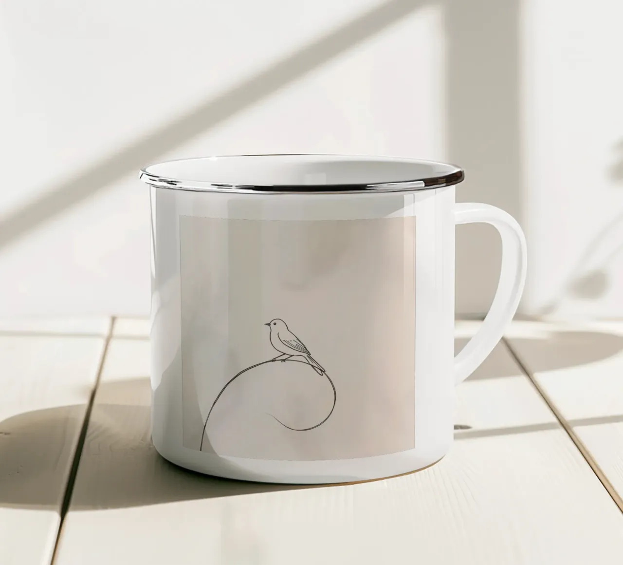 Uccello appollaiato su una linea delicata su uno sfondo chiaro tazza in smalto da DesignDoodle