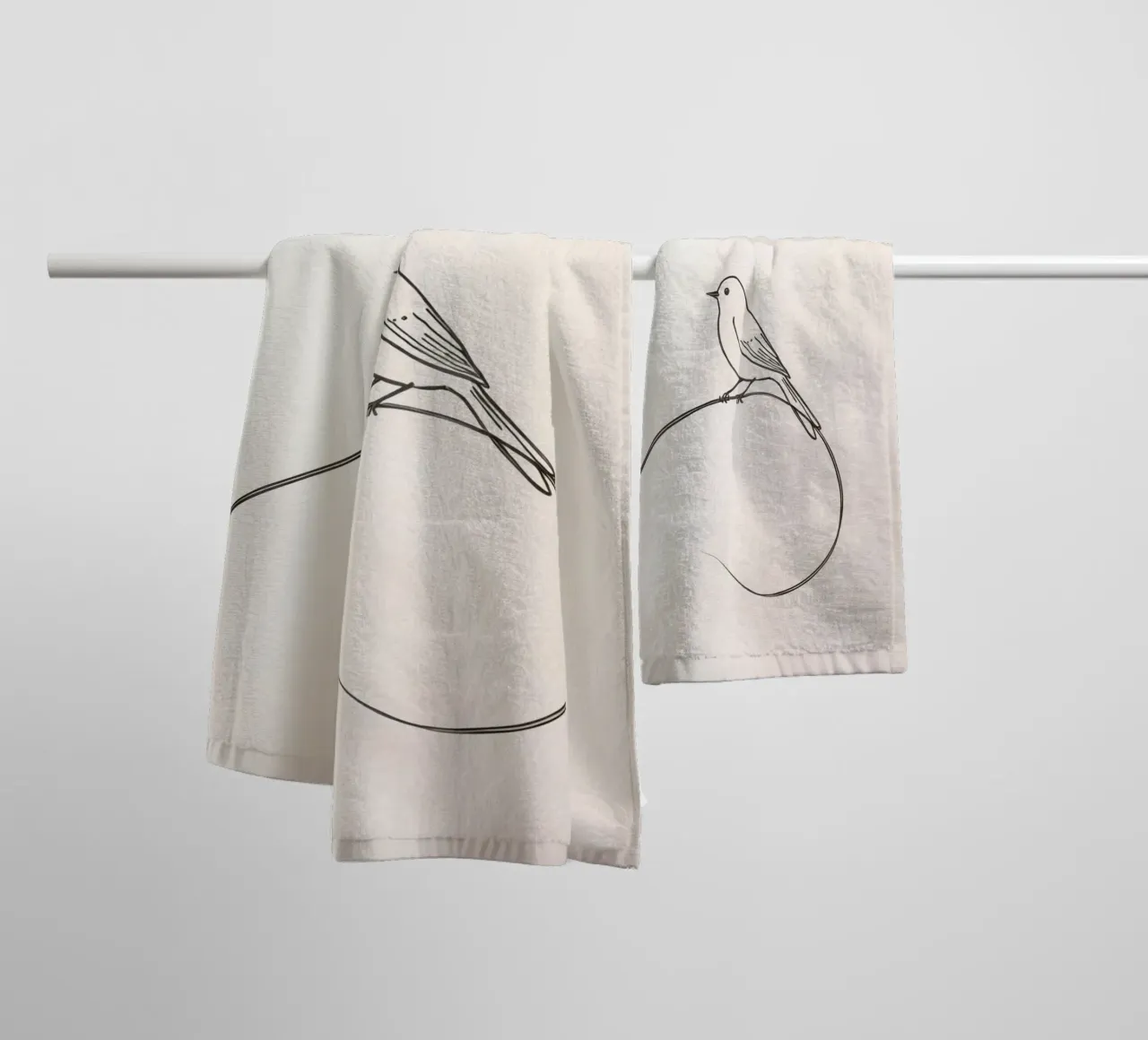 Bird perched on a delicate line amidst light background towel by DesignDoodle