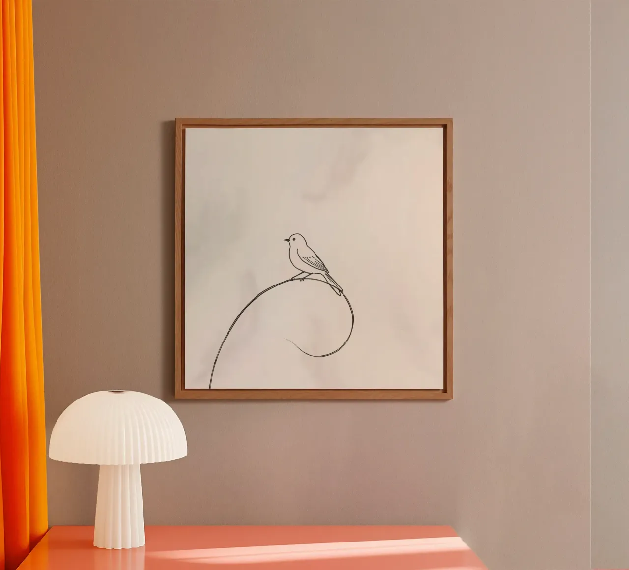 Uccello appollaiato su una linea delicata su uno sfondo chiaro alluminio dibond da DesignDoodle
