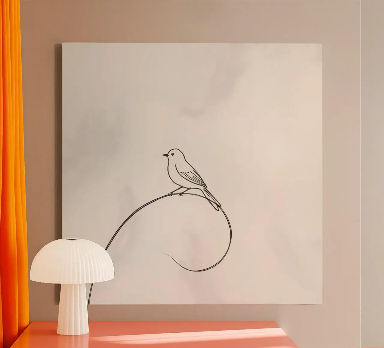 Bird perched on a delicate line amidst light background canvas by DesignDoodle