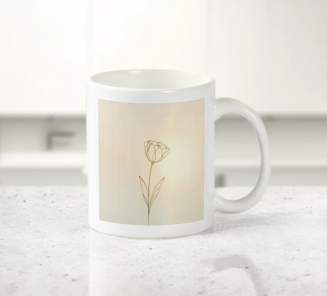 Elegant line drawing of a flower against a soft background ceramic mug by DesignDoodle