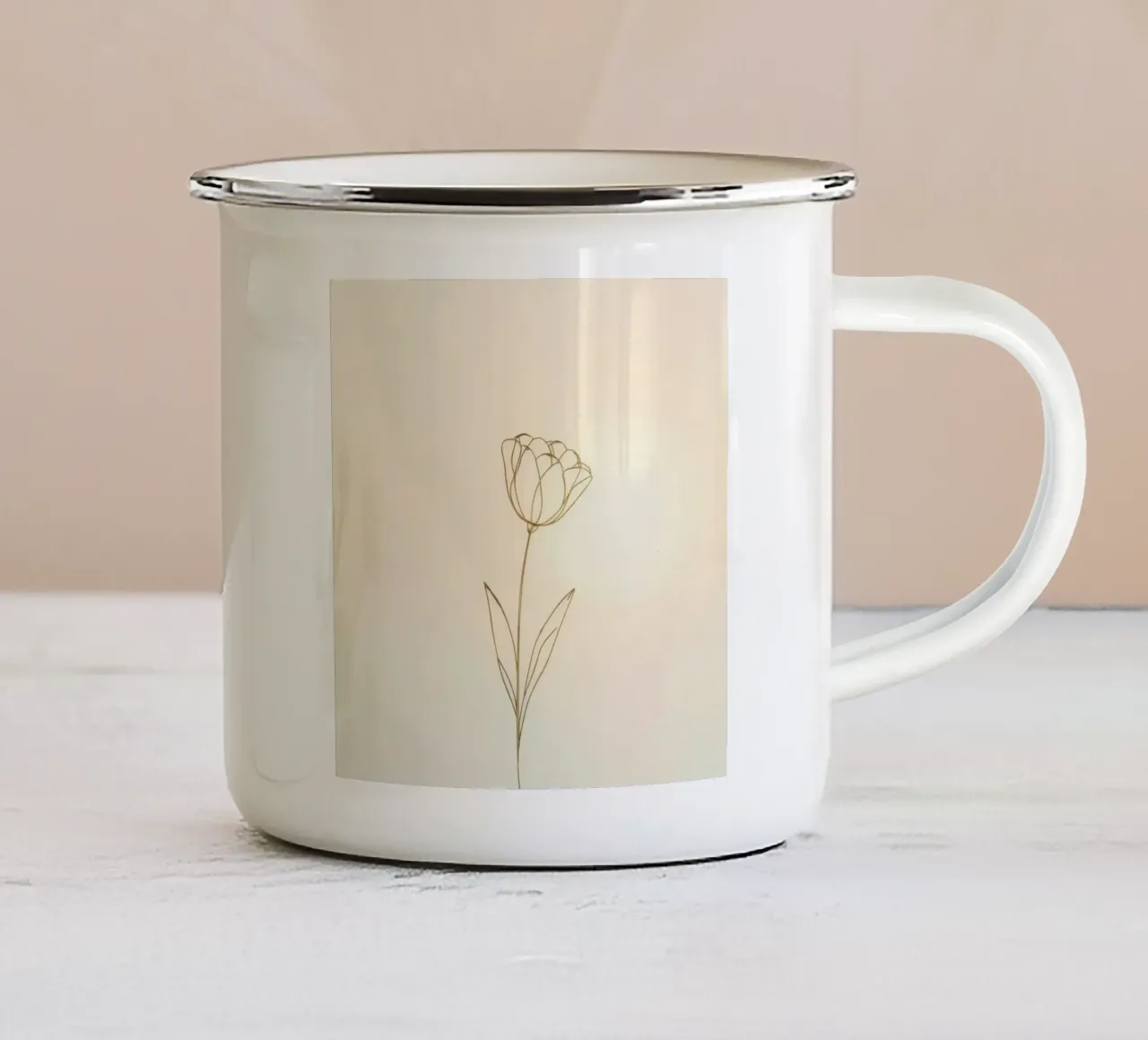 Elegant line drawing of a flower against a soft background enamel mug by DesignDoodle