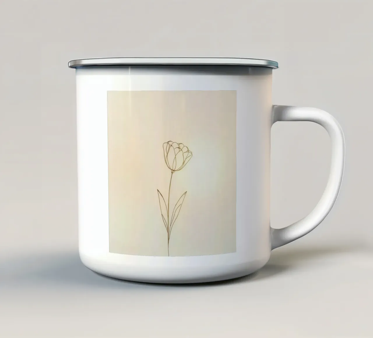 Elegant line drawing of a flower against a soft background enamel mug by DesignDoodle