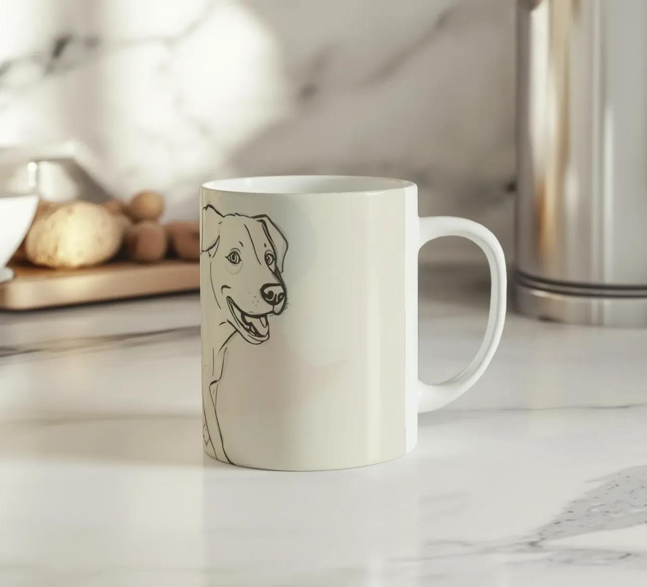 Elegant line drawing of a flower against a soft background ceramic mug by DesignDoodle