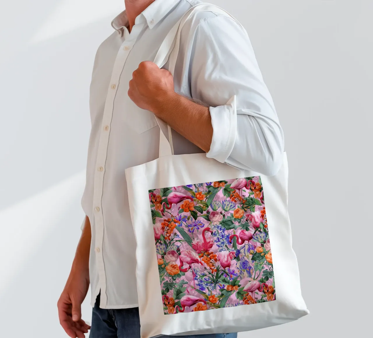 Floral and Flamingo VI Pattern borsa in juta da burcukorkmazyurek